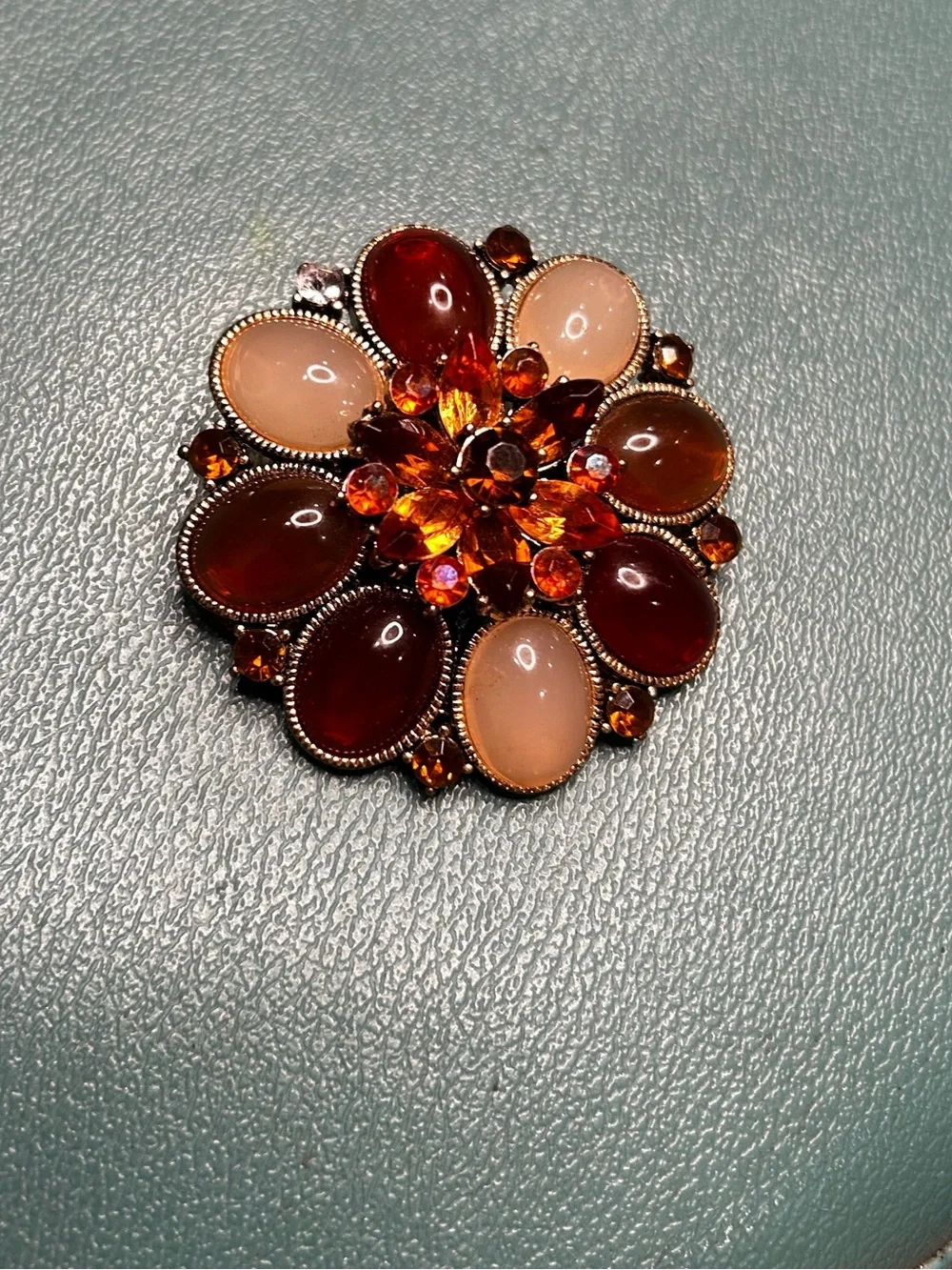 Vintage cabochon Flower Jelly Bean Rhinestone Convertible Brooch gold tone metal